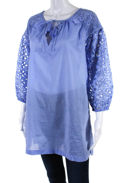 J Crew Womens Embroidered Eyelet Puff Sleeve Y Neck Top Tunic Blue Size XS