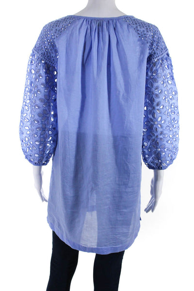J Crew Womens Embroidered Eyelet Puff Sleeve Y Neck Top Tunic Blue Size XS