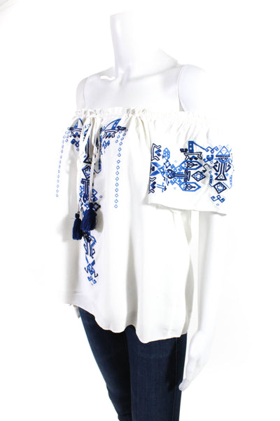 Parker Womens Off Shoulder Short Sleeve Embroidery Top Blouse Blue White Size XS