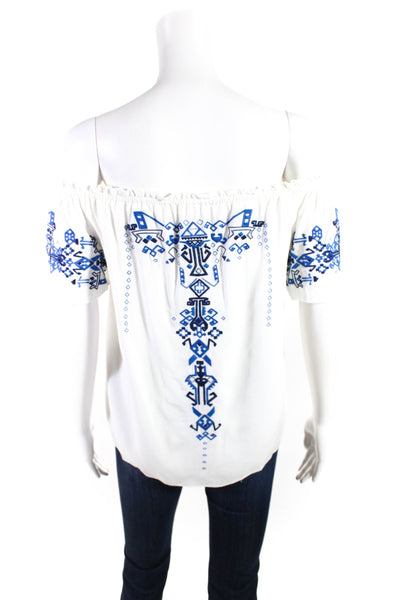 Parker Womens Off Shoulder Short Sleeve Embroidery Top Blouse Blue White Size XS