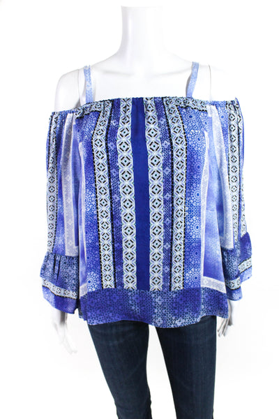 Parker Womens Printed Off Shoulder Square Neck Top Blouse Blue White Size Small