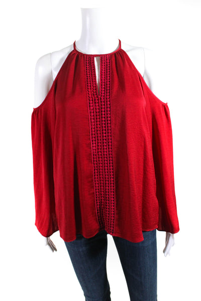 Parker Womens Off Shoulder Lace Keyhole Satin Top Blouse Red Size Small