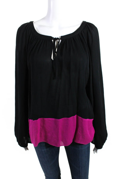 Parker Womens Color Block Puff Sleeve Top Blouse Black Magenta Silk Size XS