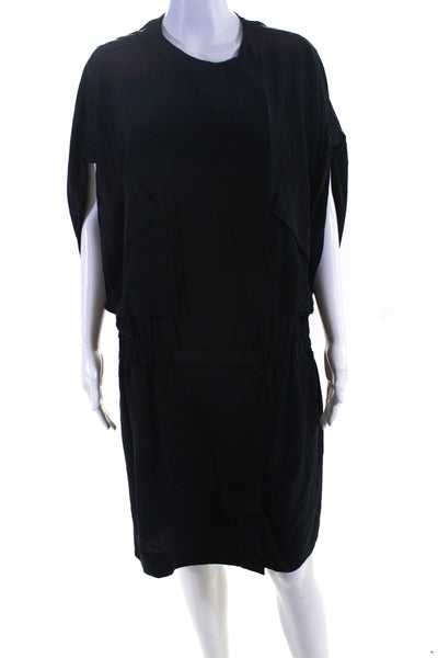 Maiyet Womens Front Zip Short Sleeve Crew Neck Silk Shift Dress Black Size IT 42