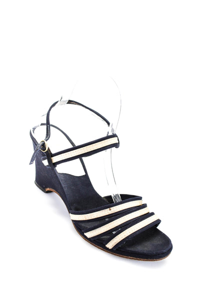 Nordstrom Womens Strappy Canvas Ankle Strap Wedge Sandals Navy Blue Size 9