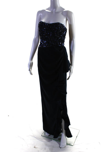 Badgley Mischka Womens Blue Sequin Ruffle Gown Size 2 12242252