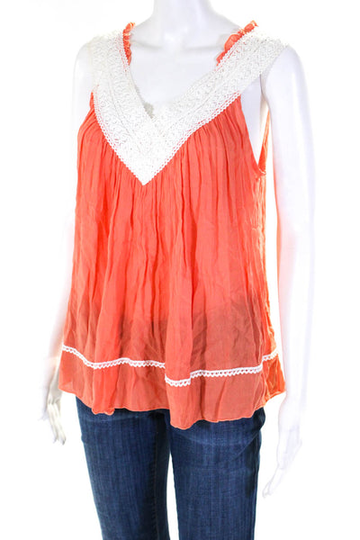 Poupette St. Barth Womens Cotton Lace Trim V-Neck Tank Top Blouse Orange Size OS