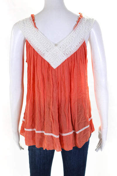Poupette St. Barth Womens Cotton Lace Trim V-Neck Tank Top Blouse Orange Size OS