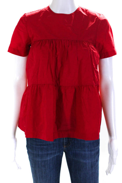 Co Round Neck Short Sleeves Tiered Blouse Red Size XS