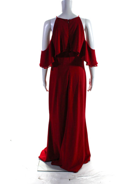 Badgley Mischka Womens Red Crossover Ruffle Gown Size 14 11405417