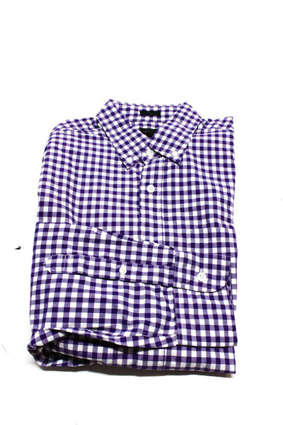 J Crew Mens Button Front Collared Gingham Shirts Blue Purple White Medium Lot 2