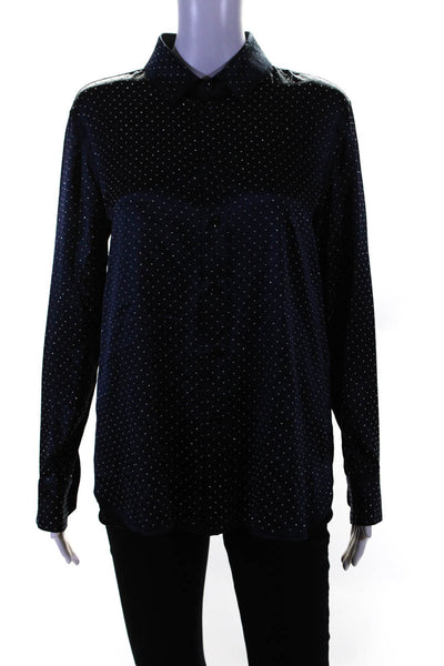 Saint Laurent Womens Studded Satin Button Up Shirt Blouse Indigo Silk Size FR 42