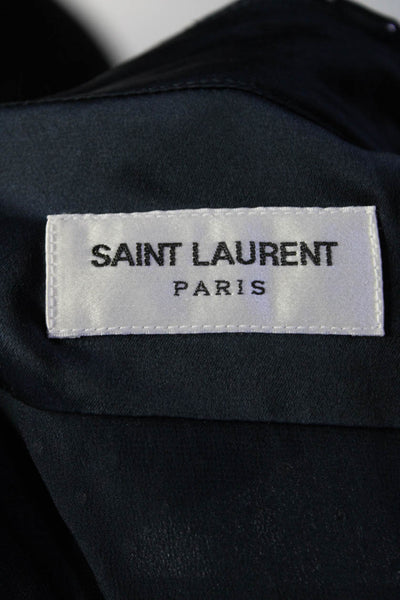 Saint Laurent Womens Studded Satin Button Up Shirt Blouse Indigo Silk Size FR 42