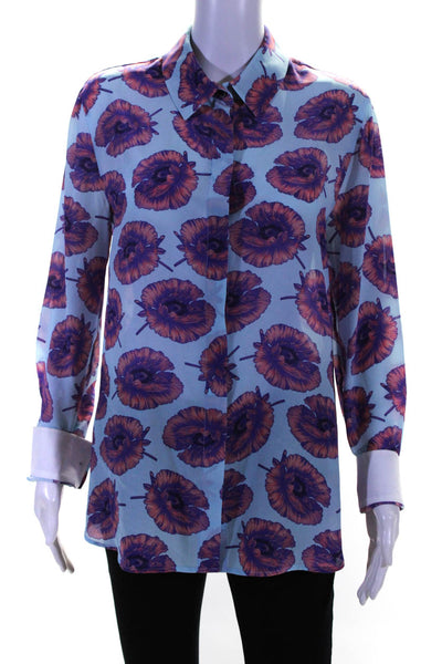 Altuzarra Womens Long Sleeve Floral Button Up Top Blouse Blue Purple Size IT 40