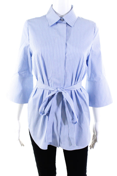 Valentino Womens Pussycat Bow Striped Button Up Top Blouse Blue Size Medium