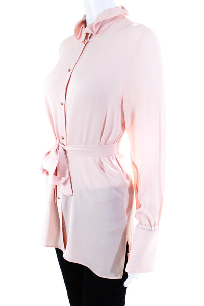 Valentino Womens Frill Neck Rhinestone Button Top Blouse Pink Silk Size Medium