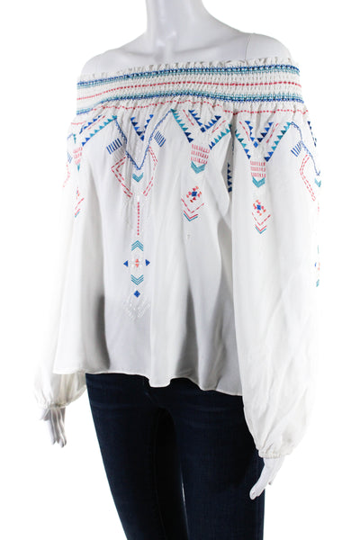 Parker Womens Off Shoulder Embroidered Top Blouse White Blue Pink Size XS