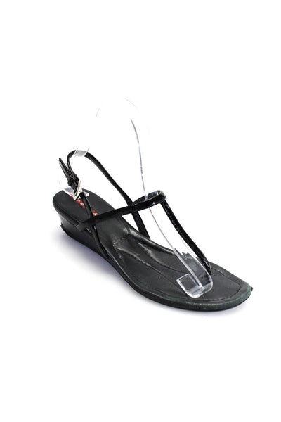 Prada Womens Leather T-Strap Wedge Sandals Black Size 5.5