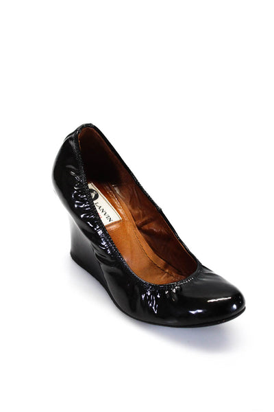 Lanvin Womens Patent Leather Scrunch Round Toe Wedge Heels Black Size 5