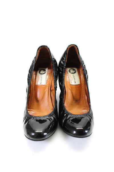 Lanvin Womens Patent Leather Scrunch Round Toe Wedge Heels Black Size 5