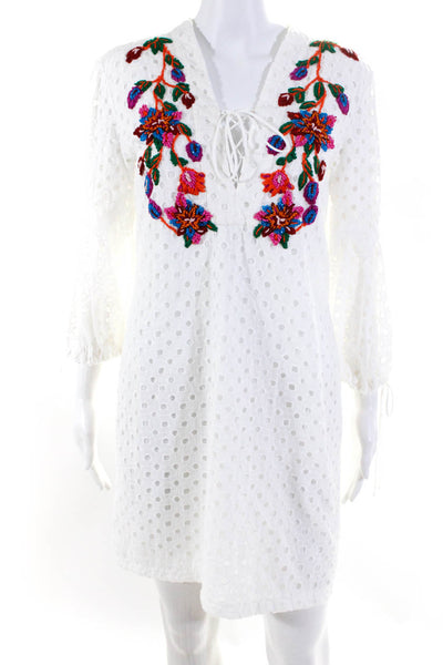 PatBO Womens Embroidered Beaded Floral Eyelet Sheath Dress White Size Medium