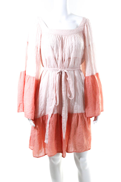 Lisa Marie Fernandez Womens Belted Vertical Stripe Shirt Dress Peach White 1