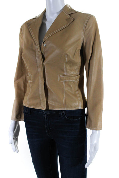 Trussardi Womens Notched Collar Leather Snap Blazer Jacket Beige Size IT 42