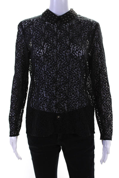 The Kooples Women's Studded Collar Lace Long Sleeve Top Black Size 3