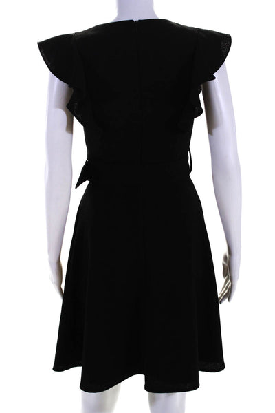 Black Halo Womens Textured Woven Flutter Sleeve Belted A-Line Dress Black Size 0