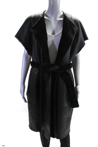 The Row Womens Belted Long Jill Shearling Leather Vest Jacket Black Size Small