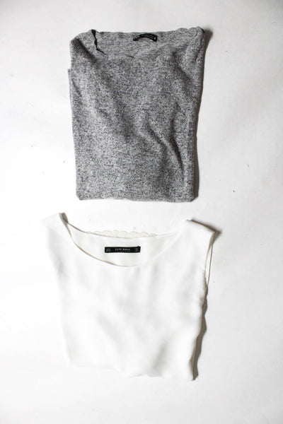 Zara Womens Long Sleeve Lace Trim Shirts Gray White Size XL Lot 2