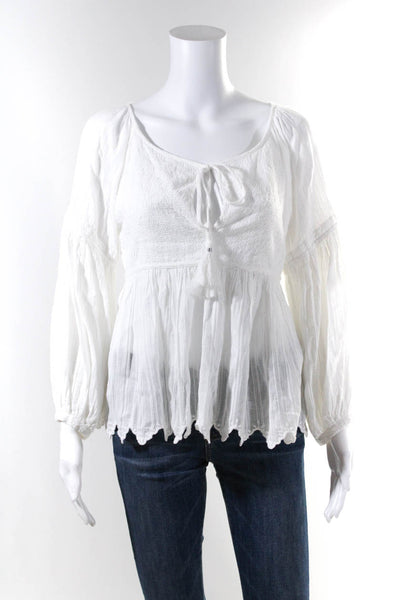Love Sam Womens Puff Sleeve Lurex Tie Neck Top Blouse White Size Extra Small