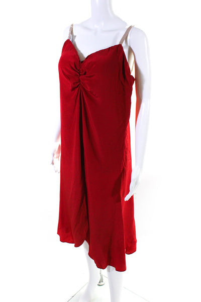 Designer Womens V Neck Sleeveless Solid Flare Midi Dress Red Size Small