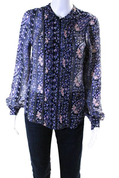 Paige Womens Floral Pintuck Button Up Top Blouse Blue Purple Size Extra Small