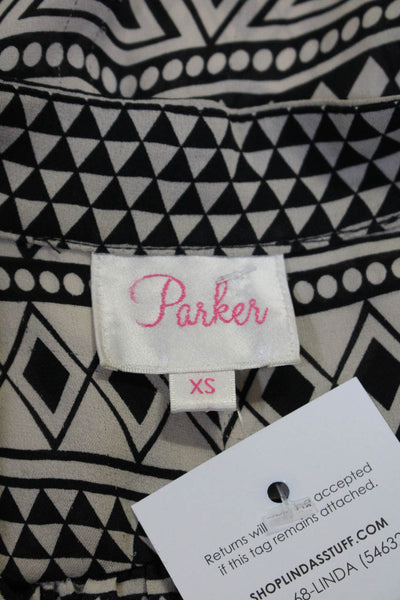 Parker Womens Silk Crepe Geometric Printed Button Up Blouse Top Black Size XS