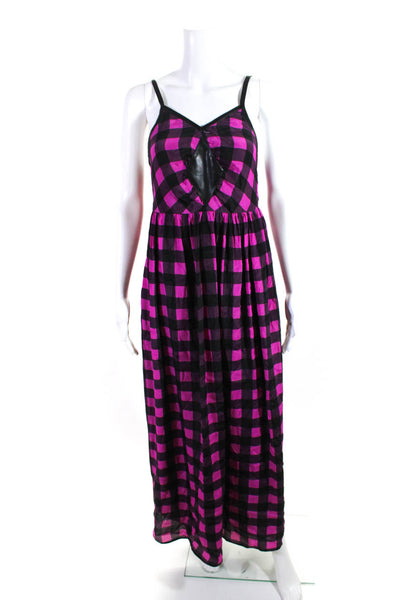 Designer Womens Plaid Spaghetti Strap Maxi Dress Pink Black Size 4