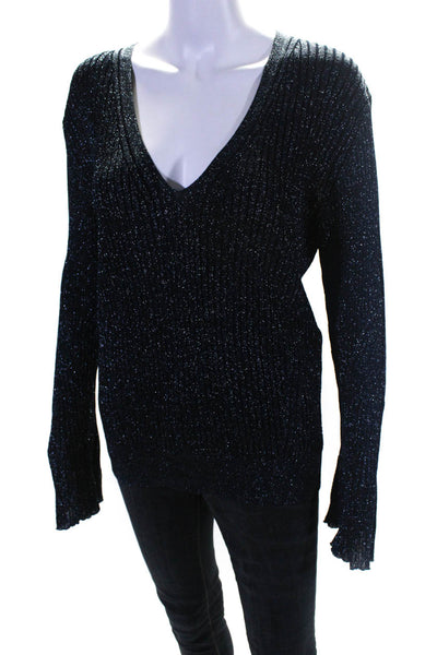 Designer Womens Deep V Neck Ribbed Metallic Sweater Indigo Size Large