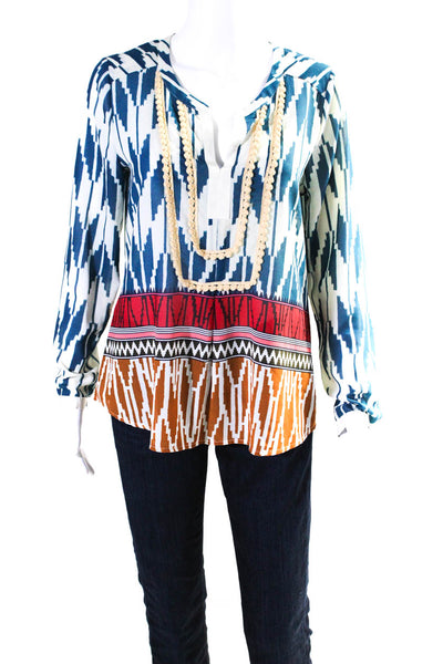 Maeve Anthropologie Womens Abstarct Colorblock Embroidered Tunic Top Blue Size 6