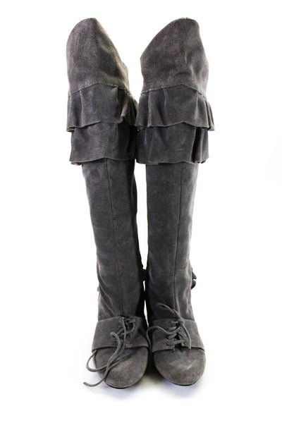 Due Farina Womens Ruffle Solid Suede High Heel Knee High Boots Gray Size 5.5