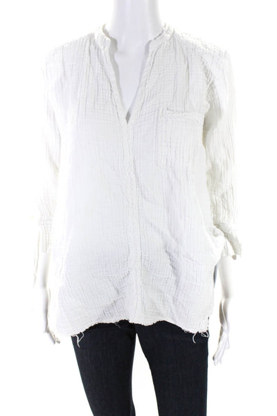 Stark Womens Long Sleeve V Neck Fringe Shirt White Cotton Size Small
