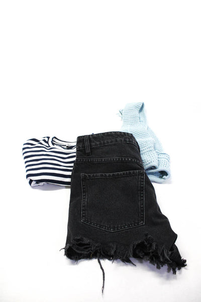 Zara Womens Full Buttoned Fringe Hem Shorts Striped Tops Black Size 6 S M Lot 3