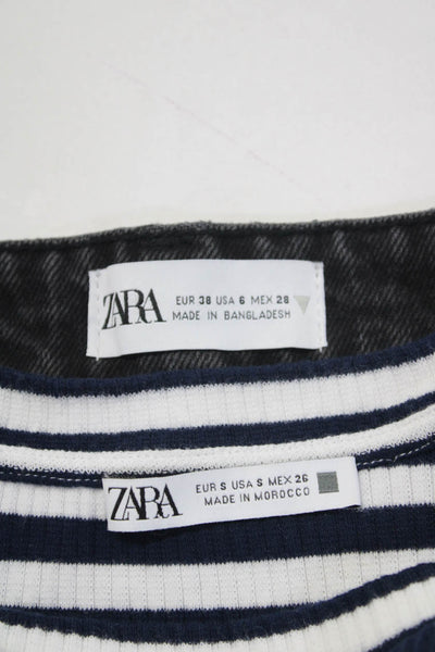 Zara Womens Full Buttoned Fringe Hem Shorts Striped Tops Black Size 6 S M Lot 3