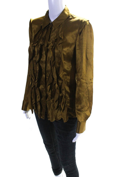 Magaschoni Womens Silk Ruffled Button Down Long Sleeve Blouse Brown Size 4