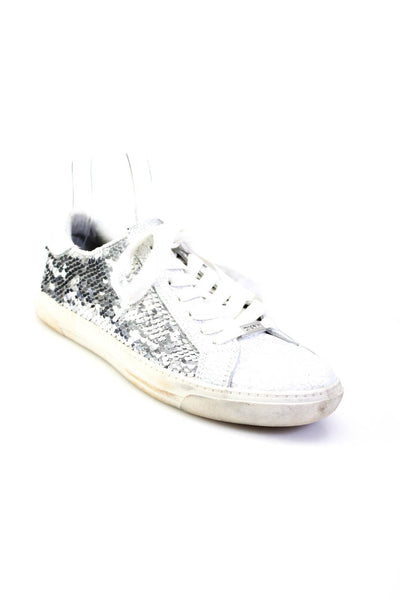 DKNY Womens Sequin Textured Lace-Up Low Top Sneakers Silver White Size 7.5