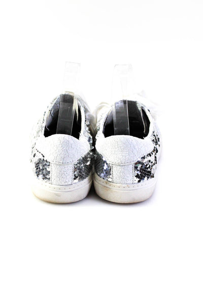 DKNY Womens Sequin Textured Lace-Up Low Top Sneakers Silver White Size 7.5