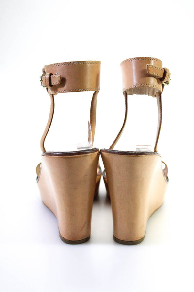 Elizabeth and James Womens Ankle Strap Leather Wedge Heel Sandals Beige Size 7.5