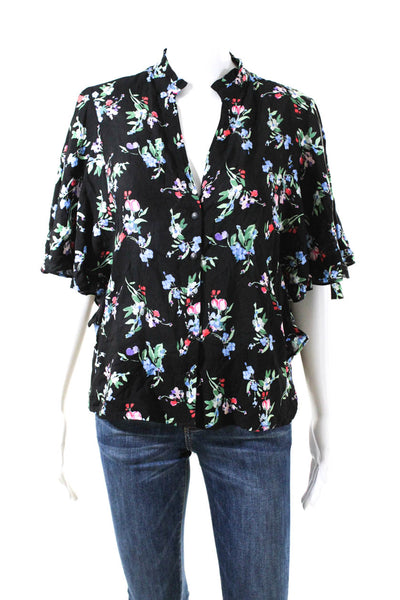 Maeve Anthropologie Womens Button Front V Neck Floral Shirt Black Multi Small