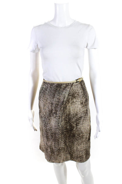 Armani Collezioni Womens Belted Knee Length Abstract Skirt Brown Linen Size 10