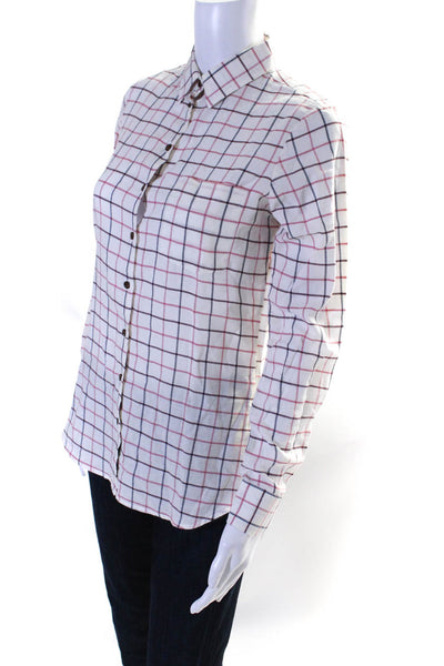 Barbour Womens Button Front Collared Plaid Shirt White Pink Cotton Size 4
