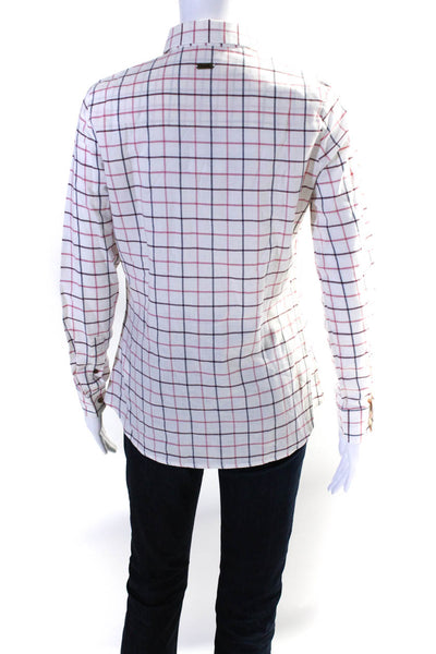Barbour Womens Button Front Collared Plaid Shirt White Pink Cotton Size 4